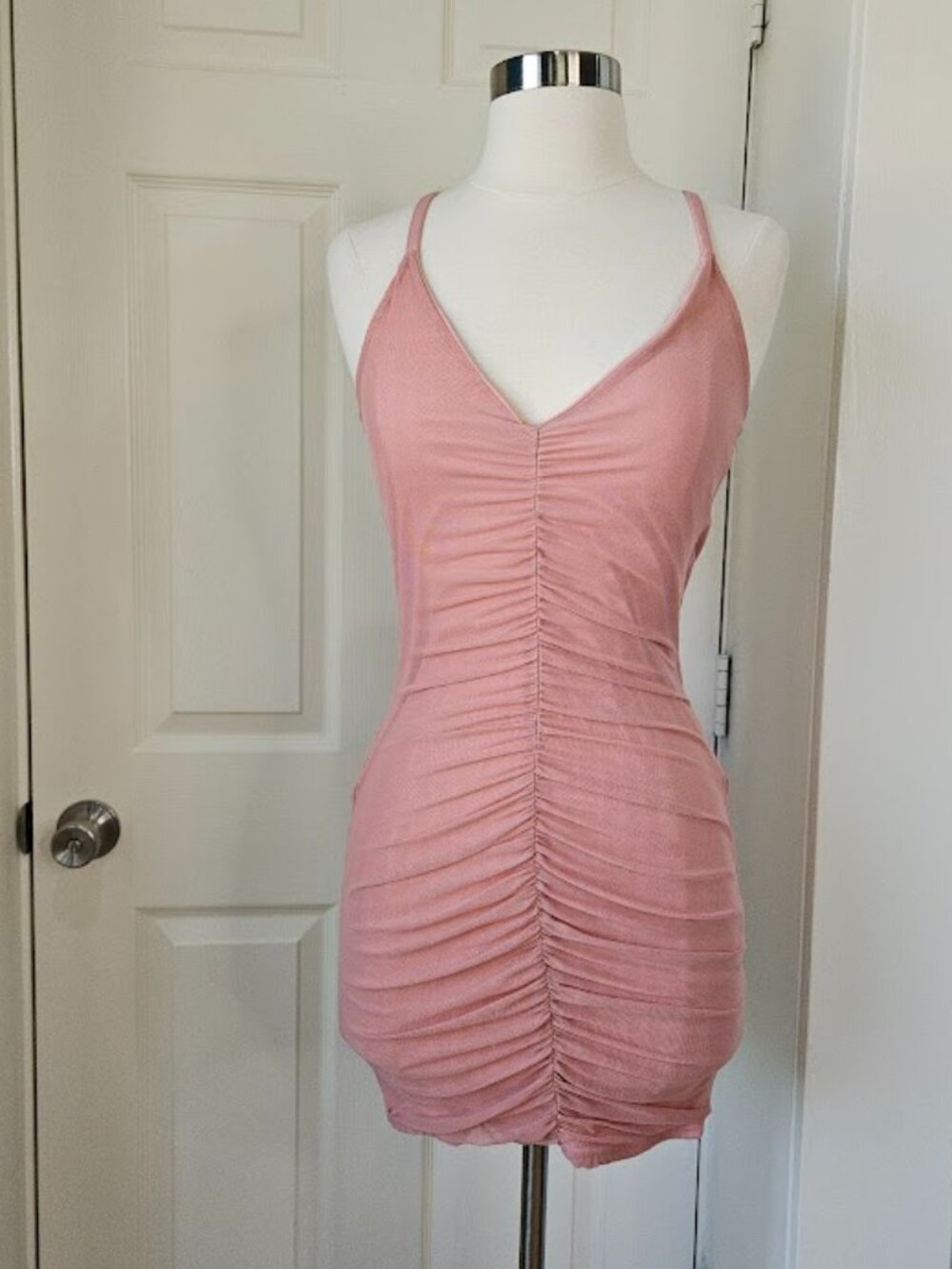 Prettylittlething pink mesh XXS ruched coquette XS 0 bodycon mini short dress